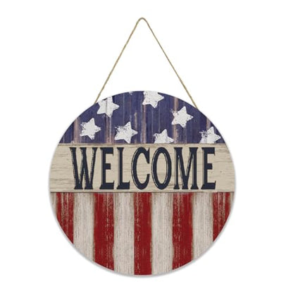 Smile Patriotic American Flag Welcome Wooden Round Door Hanger, 4th of July Front Door Sign for Independence Day & Memorial Day Decor - style: Flag Welcome