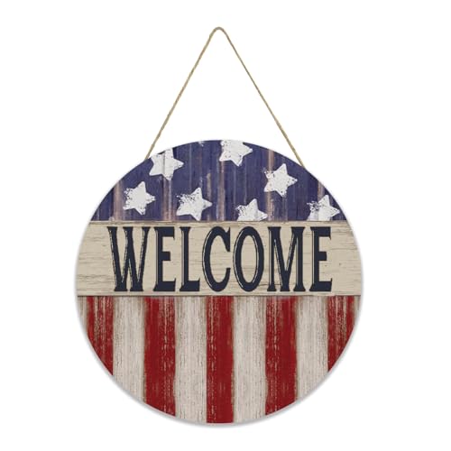 Smile Patriotic American Flag Welcome Wooden Round Door Hanger, 4th of July Front Door Sign for Independence Day & Memorial Day Decor - style: Flag Welcome