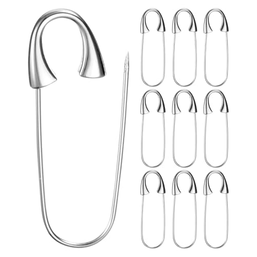 M METERXITY 10-Pack Large Safety Pin, 1.73 in(44mm) Zinc Alloy Heavy Brooch Pin for Sewing Clothes/Costume/Skirts Garments/Craft Supplies, Decorative Safety Pins [Silver Tone] - color: Silver Tone, size: 1.73 In(44mm)