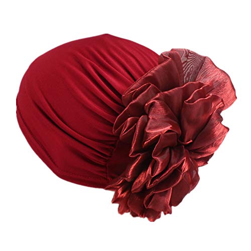 Women Flower Elastic Turban Beanie Head Scarf wrap Chemo Cap hat for Cancer Patient - color: Red