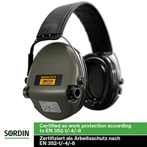 Sordin Pro-X Ear Muffs - Active and Electronic Ear Defenders w/Leather Headband - Gel Pads - Earmuffs for Hunting & Shooting - color: Olive