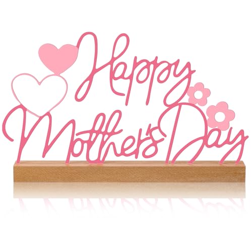 Yaocom 9.84 Inch Metal Mother's Day Table Decoration Happy Mother's Day Letter Sign Mom Tiered Tray Decor with Wooden Base Freestanding Word Sign for Home Tabletop Centerpiece Mantel Shelf Fireplace - style: Mother's Day