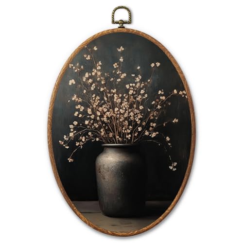 AYQJCBGC Vintage Dark Flowers Oval Framed Wall Art, Cottagecore Retro Canvas Wall Decor, Dark Academia Framed Prints Hanging Decor for Home Bedroom Living Room, 8.3x11.6 Inch. (015) - color: Black Flowers
