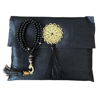 Muslim Prayer Rug and Beads with Elegant Slub Fabric Bag | Janamaz | Sajadah | Soft Islamic Prayer Rug | Islamic & Mawlid Gifts | Prayer Carpet Mat, Taffeta Fabric (Black, 1 Sets) - color: Black, size: 1 Sets