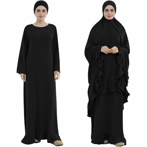 2PCS Women Muslim Prayer Abaya Dress Ruffle Trim Side Pockets with Khimar - color: Black, size: Medium