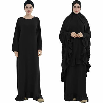 2PCS Women Muslim Prayer Abaya Dress Ruffle Trim Side Pockets with Khimar - color: Black, size: Large