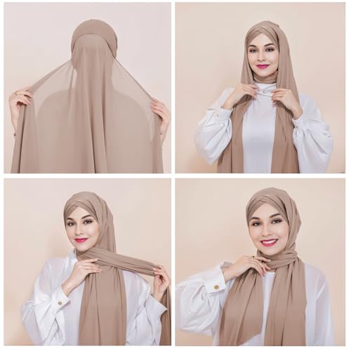 XEPST Instant Hijab for Women, Islamic Muslim Chiffon Hijab with Matching Cross Hijab Undercap Soft Instant Hijab Ready to Wear Solid Color Headscarf Turban Wrap Hijab Scarf for Women, Khaki