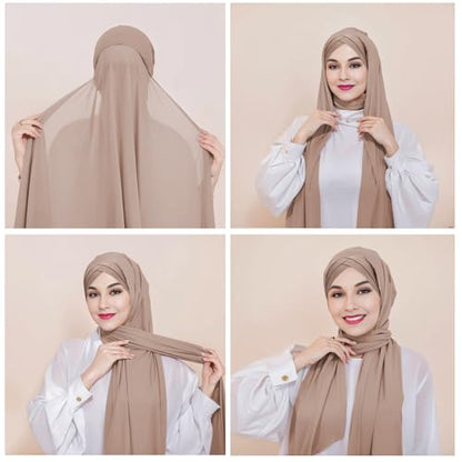 XEPST Instant Hijab for Women, Islamic Muslim Chiffon Hijab with Matching Cross Hijab Undercap Soft Instant Hijab Ready to Wear Solid Color Headscarf Turban Wrap Hijab Scarf for Women, Khaki