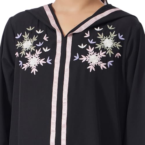 Kids Girls Abaya Muslim Eid Dress Gold Embroidered Lace Hooded Maxi Kaftan Robe Islamic Dubai Prayer Clothes - color: A-black, size: 6 Years