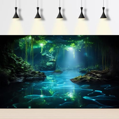 Fantasy Underwater Cave Aquarium Background Light Beam Crystal Clear Water Fish Tank Background Tropical Green Plants Undersea Cave Terrarium Backgrounds Misty Jungle Reptile Tank Backgrounds 24x16in - color: Black_Green, size: 24(W)x16(H)in