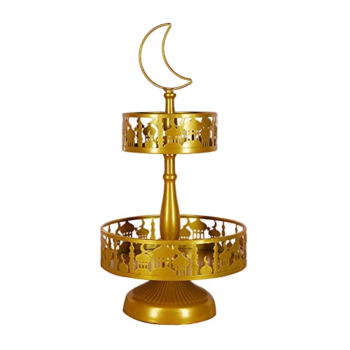 Eid Ramadan Double-Layer Pastry Tray Dinner Plate Tray Dessert Tray for Home Party Decoration, Candy Dessert Rack Iron Serving Tray for Islam Muslim Table Decor Castle (Gold)