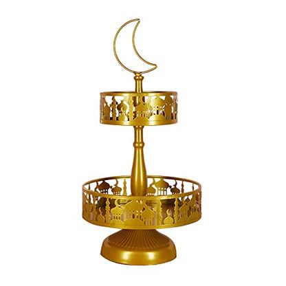 Eid Ramadan Double-Layer Pastry Tray Dinner Plate Tray Dessert Tray for Home Party Decoration, Candy Dessert Rack Iron Serving Tray for Islam Muslim Table Decor Castle (Gold)