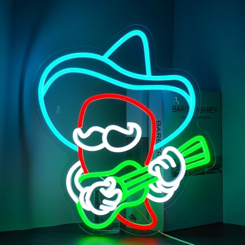 Mexican Neon Sign Cowboy Guitar LED Neon light Wall Decor for Bar& Party - color: Chili Guitar