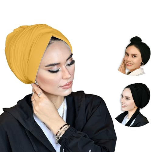 para life Dubai Turbans for Women, Breathable Instant Turban|Std Size Stretchable Cotton|Hijab Cap&Undercap - color: Mustard