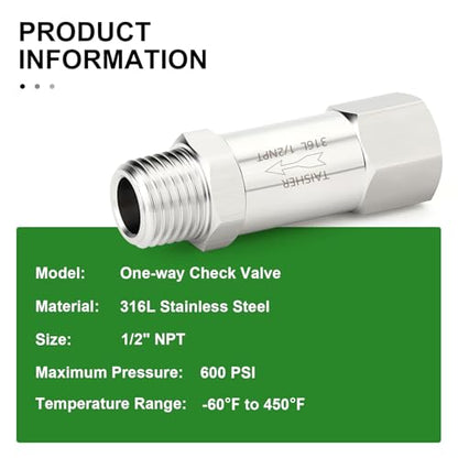 1PCS 316L Stainless Steel 1/2" NPT Male x 1/2" NPT Female Check Valve,Backflow Prevention,One Way Non-Return Check Valves - size: 1/2" (Fx M)NPT