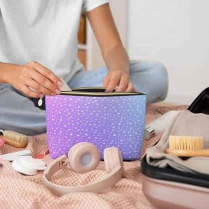 Leather Makeup Bag for Purse, Waterproof Small Toiletry Bag with Zipper, Cute Cosmetic Bags for Women, Pink Blue Purple with Tiny Stars Travel Pouch - color: Pink Blue Purple With Tiny Stars