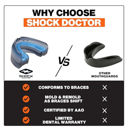 Shock Doctor Braces Football Mouth Guard, Upper and Lower Teeth. Convertible, Ultra Double Protection, Comfortable and Durable Mouthguard. - color: Black