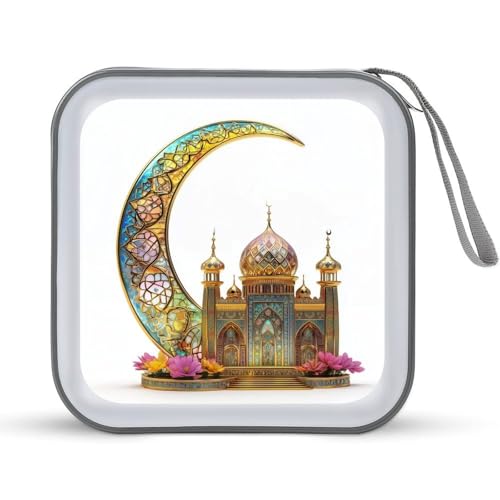 Stained Glass Golden Crescent Moon And Islamic House CD Case DVD Storage Case Portable CD Case Holder Storage CD Wallet Holder Organizer for Car Home Travel