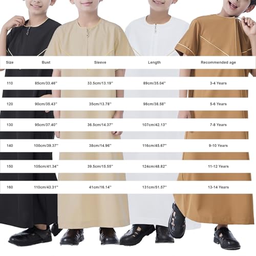 Boys Short Sleeve Muslim Thobes Islamic Kids Half Zipper Eid Traditional Prayer Kaftan Thobes Toddler Abaya Clothes - color: White, size: 9-10 Years
