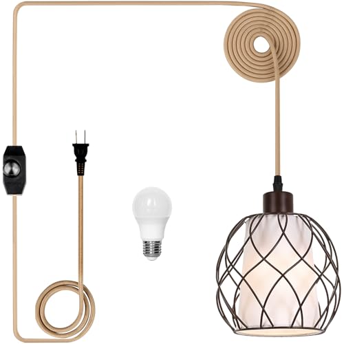 Cinkeda Plug in Pendant Light Metal Hanging Lights with Plug in Cord Hanging Lamp Mid Century Modern Vintage Dimmable Plug in Chandelier Ceiling Fixture for Living Room,Bedroom,Brown - color: Brown
