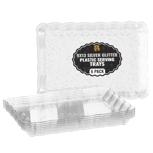 6 Pack Silver Glitter Plastic Serving Trays for Party, 9 x 13 Inch - Heavy Duty Plastic Silver Trays for Food - Rectangular Party Serving Platters - color: Silver Glitter