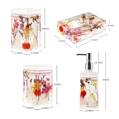 4 Piece Acrylic Liquid 4D Floating Motion Bathroom Vanity Accessory Set Garden Botanic Pink Plants Toothbrush Holder, Tumbler, Soap Dispenser, Soap Dish - size: 4-piece, style: Pink Plant