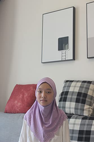 Girls Hijab with Rhinestones – Sparkly Non-Slip Amira Scarf for Kids, for Daily Prayer, School, Ramadan & Eid (Ages 4-12) - color: Lavendar-wavy Edge