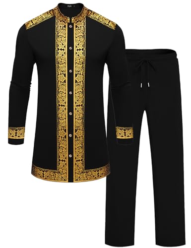 Mens African 2 Piece Set Nigerian Dashiki Metallic Traditional Suit Gold Stamp Printed Shirt and Pants Outfit - color: Black, size: Medium