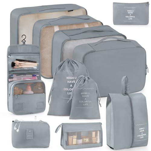 Anjing Packing Cubes for Suitcase 11PCS Luggage Packing Organizers Travel Essentials Luggage Organizer Hooked Toiletry Bag Cosmetic Bag and Shoes Bag, Gray