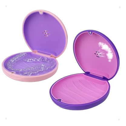 2 Pack Retainer Case with Vent Hole, Compatible with Invisalign | Portable Slim Travel Aligner Case,Secure Magnetic Closure-Food Grade Silicone Pad(Pink Purple) - color: Pink Purple