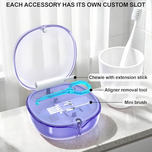 Double-layer Retainer Box Case Orthodontic Teeth Aligner Case with Mirror, Dental Night Mouth Guard Holder with Retainer Remover Tool, Chew and Brush - Secure Magnet Closure - Transparent Blue - color: Transparent Blue