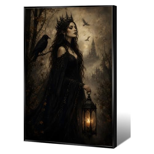 Dark Gothic Queen Canvas Wall Print Black Lace Gown Iron Crown Raven Vintage Lantern Foggy Autumn Forest Haunted Castle Dark Fantasy Wall Decor - color: Nature16, size: 8x12in Black Framed