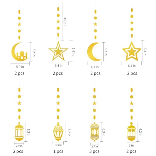 16pcs Ramadan Decorations Gold Star Moon Lantern Garland Pre-Assembled Shining Hanging Ramadan Mubarak Eid Decorations Banner Streamer for Eid Mubarak Decor Home Party Supplies