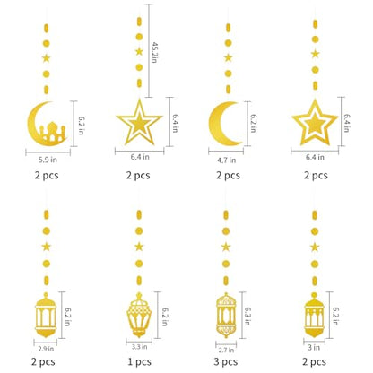16pcs Ramadan Decorations Gold Star Moon Lantern Garland Pre-Assembled Shining Hanging Ramadan Mubarak Eid Decorations Banner Streamer for Eid Mubarak Decor Home Party Supplies
