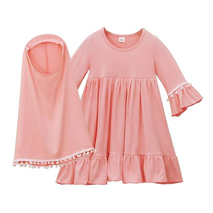 Prayer Set for Muslim Kid Girls Two Pieces Set Skirt Scarf, with a Prayer Rug and Rosary, Suitable East Dubai Clothes - color: Pink, size: 12-18 Months