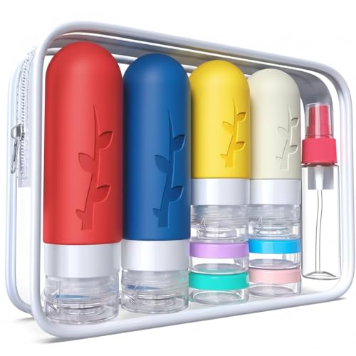 DEPOZA Travel Bottles Kit (16 Pack) - TSA Approved, Leak Proof Silicone Squeezable Containers for Toiletries. Complete Set with Jars, Sprayers & Bag (Fluorescent) - color: Fluorescent
