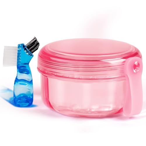 No Leak Non-Slip Denture Case with Strainer & Brush, for Retainer & False Teeth, Dishwasher Safe, Transparent Pink - color: Transparent Pink