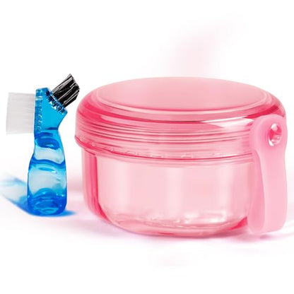 No Leak Non-Slip Denture Case with Strainer & Brush, for Retainer & False Teeth, Dishwasher Safe, Transparent Pink - color: Transparent Pink