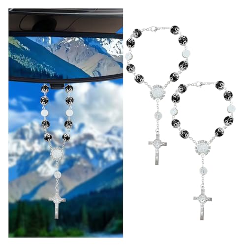 2PCS Car Rearview Mirror Rosary, Cross Blessing Rosary Decoration, Personalized Rear View Mirror Charm, Car Interior Accessories, Auto Hanging Pendant for Men Women (Black) - color: Black