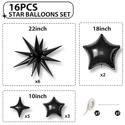 Black Star Balloons,16Pcs 22/18/10 Inch Foil Birthday Grad Decorations - color: Black