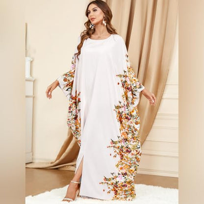 ODIZLI Ramadan Abaya for Women Muslim Batwing Sleeve Floral Print Prayer Dress Dubai Turkey Kaftan - color: White