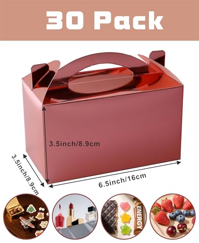 30-Pack Rose Gold Gable Treat Boxes with Handles, 6" Pop-Up Party Favor Gift Boxes for Birthday, Wedding, Baby Shower, Eco-Friendly Candy, Cookie, Goodie Bags for Kids, Bachelorette Decor