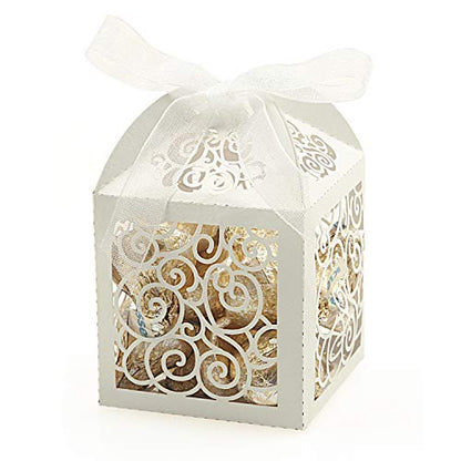 KPOSIYA 100 Pack Wedding Favor Boxes Laser Cut Boxes Party Favor Box Small Gift Boxes Lace Candy Boxes for Wedding Bridal Shower Baby Shower Birthday Party Anniverary with Ribbons (White, 100) - color: White 100