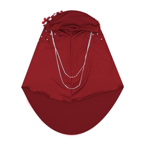 RARITYUS Women Bling Rhinestone Pearl Instant Scarf Muslim Hijab Fashion Shawl Head Wrap Turban Cap with Flower Accent - color: Red