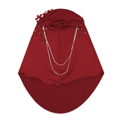 RARITYUS Women Bling Rhinestone Pearl Instant Scarf Muslim Hijab Fashion Shawl Head Wrap Turban Cap with Flower Accent - color: Red
