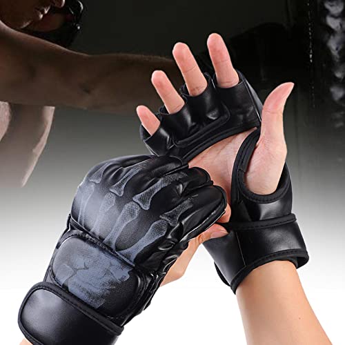 MMA Boxing Gloves, Lightweight Breathable Protector Half Mitts for Adults Men Women Punching Heavy Bag Karate Fighting Grappling, Hand Black
