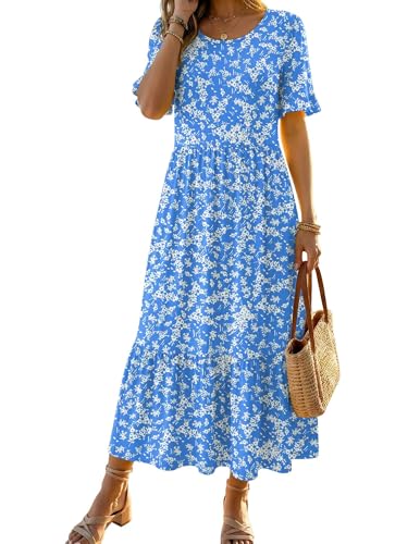 Zeagoo Womens Summer Dresses 2026 Casual Midi Dress Flowy Sundress Ruffle Short Sleeve Tiered Dresses A Line Boho Dress - color: Blue Floral, size: Small