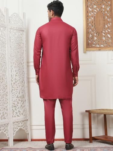 Maple Clothing Punjabi Kurta Pajama Set Pathani Mens Cotton Indian Clothes Bollywood Outfit - color: Maroon, size: Small
