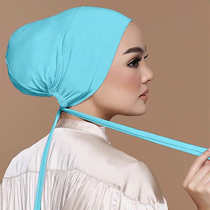 Chiffon Hijab with Undercap Fashion Solid Color Chiffon Head Wraps Under Scarf Caps Muslim Fashion Bandage - color: Light Blue