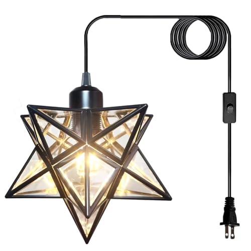 Plug in Hanging Light Fixture with 16.5ft Cord and Switch,Modern Farmhouse Black Moravian Star Pendant Lights Kitchen Island,Hanging Lamps for Bedrooms Hallway Porch Etc(LED Bulb Include) - color: Black-transparent